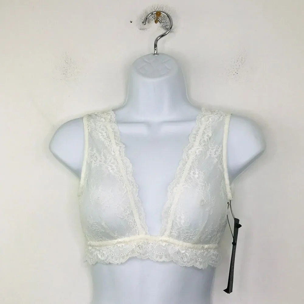 Olivaceous Women's Small Bralette White Sheer Lace Unpadded Plunge NWT CC29
